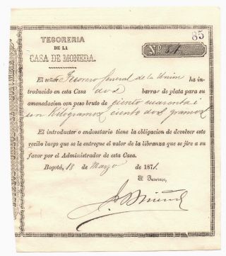 Colombia,  Casa De Moneda De Bogota,  Title Of Silver Receipt,  Issue 1871 photo
