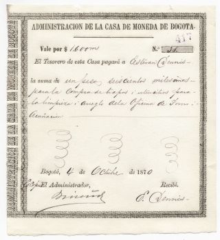 Colombia,  Casa De Moneda De Bogota,  Vale Issue 1870 photo