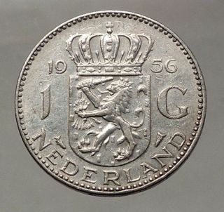 1956 Netherlands Kingdom Queen Juliana 1 Gulden Authentic Silver Coin I57760 photo