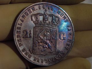 Netherlands 1855 Dutch 2 1/2 Silver Gulden Dollar Coin Rainbow Toned photo