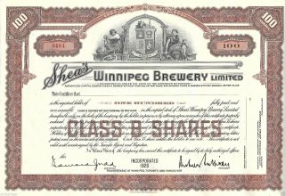 Shea ' S Winnipeg Brewery Ltd.  Canada,  100 Glass B Shares 1926 Stock Certificate photo