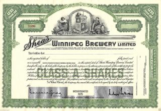 Shea ' S Winnipeg Brewery Ltd.  Canada,  - 100 Glass A Shares 1926 Stock Certificate photo
