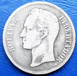 . 900 Silver 1902 - P Venezuela 5 Bolivares Simon Mintage 500k Toned 724 photo