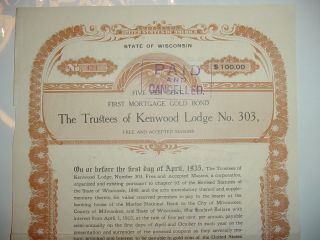 Trustees Of Kenwood Lodge No.  303 Masons Bond Stock Certificate Wisconsin photo