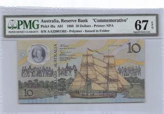 Australia $10 26.  1.  1988 P 49a Series A01 Pmg 67 Epq Gem Uncirculated Banknote photo