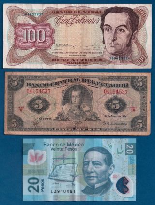 Venezuela 100 Bolivares,  Ecuador 5 Sucres 1966 P - 100c,  Mexico 20 Pesos P - 122f photo