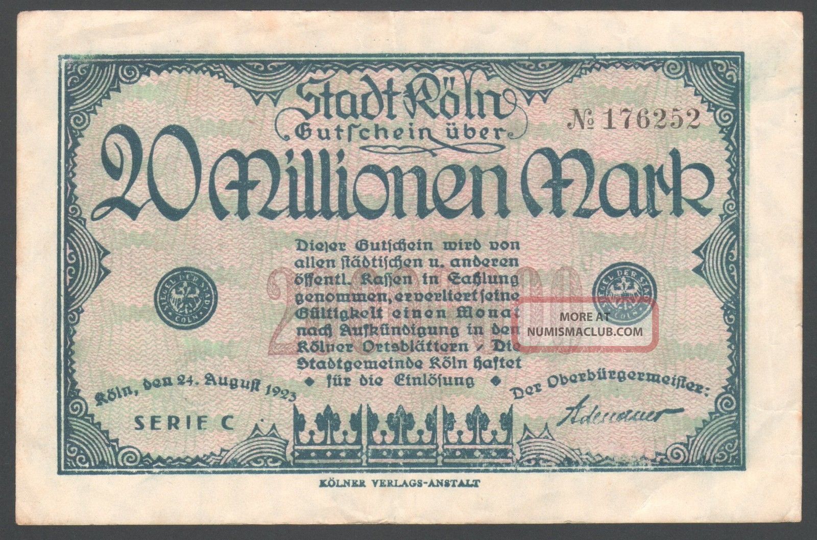 German 20 Millionmark 1923 Series C176252