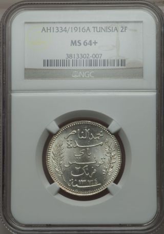 Ah 1334 1916 A Tunisia 2 Francs Ngc Ms 64, photo