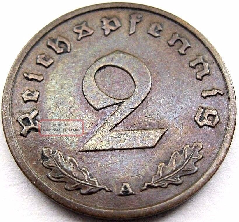 Ww2 German 1939 A 2 Rp Reichspfennig 3rd Reich Bronze Nazi Coin (rl 181)