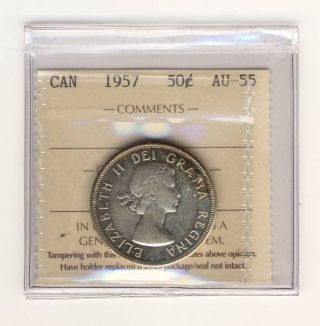 1957 50 Cents Silver Canada Graded Iccs Ty115 Au - 55 photo