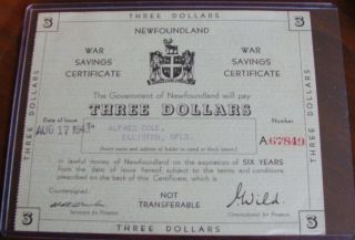 Rare 1943 Government Of Newfoundland $3 War Savings Certificate Choice photo