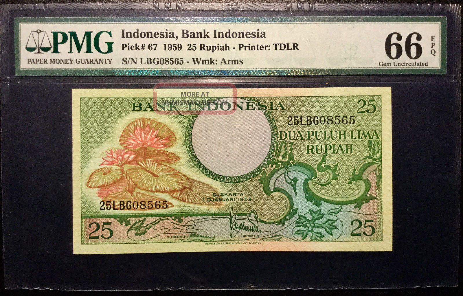 Indonesia - 1959 - Pick 67 - Pmg - Gem - Unc - 66 - Epq - 25 - Rupiah - High - Grade L@@k Asia photo