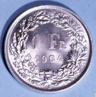 Switzerland 1 Franc 1964 B Brilliant Uncirculated 0.  8350 Silver Coin photo
