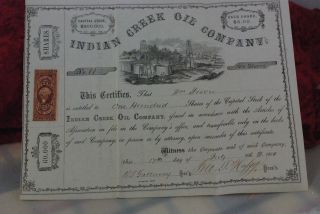 100 Shs Indian Creek Oil Company,  Pennsylvania,  Stock Certificate,  July 17th,  1865 photo