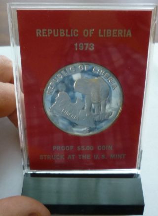 1973 Liberia - 5 Dollars - African Elephant - Us - 1 Oz Silver Proof Crown photo