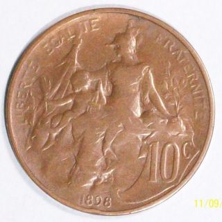 France 10 Centimes 1898 Fine/very Fine Bronze Coin photo