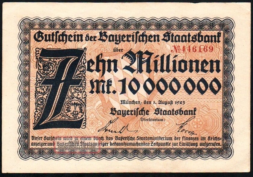 German 10 Million Mark 1923 Series 446169 Vf German 10 Million Mark 1923 Series 446169 Vf