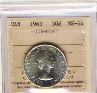 1963 50 Cents Canada Graded Iccs Ir832 Ms64 photo