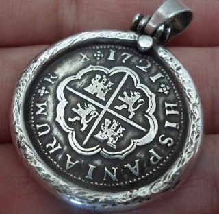 1721 Silver Spanish 2 Reales Treasure Cob Coin Sterling Pendant photo