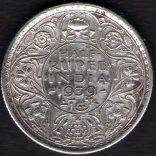 British India - 1939 - George Vi 1/2 Rupee Silver Coin Ex - Rare photo