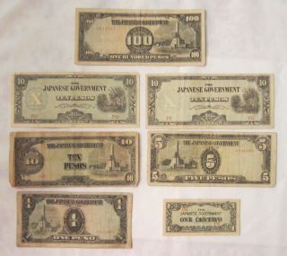 Philippines Japanese Invasion Currency 100,  10 (3) & 5 Pesos,  1 Peso 1 Centavo photo