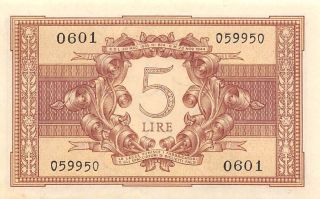 Italy 5 Lire 23.  11.  1944 Series 0601 Wwii Issue Circulated Banknote E30w photo