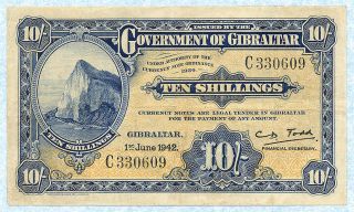 Gibraltar 10 Shillings 1942 P14b Vf photo