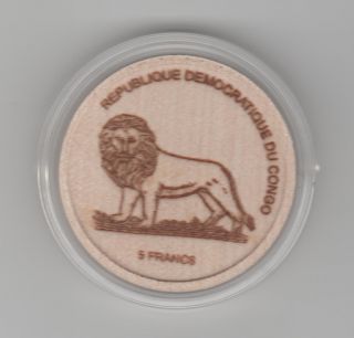 Congo 5 Francs 2005 - Low Mintage Wooden Coin - Gorilla Lion Protection Animals photo
