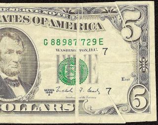1988 A $5 Dollar Bill Gutter Fold Error Federal Res Note Us Currency Paper Money photo