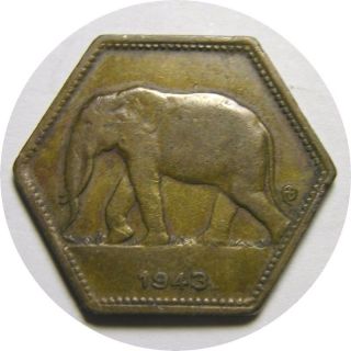 Elf Belgian Congo 2 Francs 1943 African Elephant Philadelphia World War Ii photo