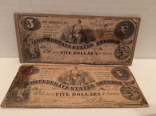 (2) 1861 $5 Confederate States Of America Large Note Richmond,  Virginia Five photo