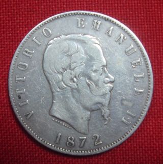 1872 M Bn Italy 5 Lire Silver Coin photo