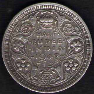 British India - 1942 - George Vi 1/2 Rupee Silver Coin Ex - Rare photo