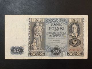 1936 Poland Paper Money - 20 Zlotych Banknote photo
