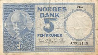 Norway 5 Kroner 1962 Series J Circulated Banknote G10c photo