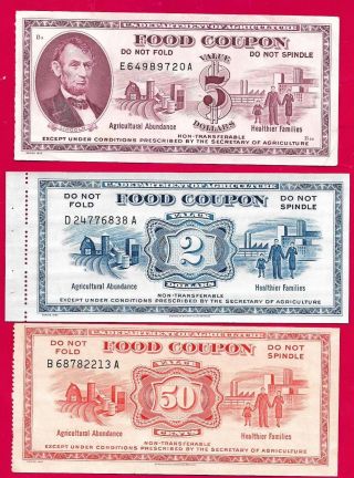 Food Stamp Coupons $0.  50 $2.  00 $5.  00 Usda Series 1967 1967 1973 photo