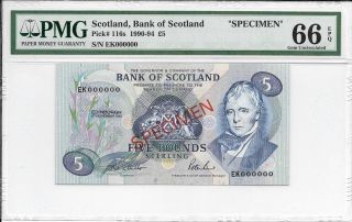 Scotland,  Bank Of Scotland - 5 Pounds,  1991.  Specimen.  Pmg 66epq. photo