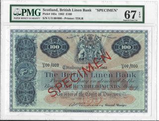 Scotland,  British Linen Bank - 100 Pounds,  1962.  Specimen.  Pmg 67epq.  Rare. photo