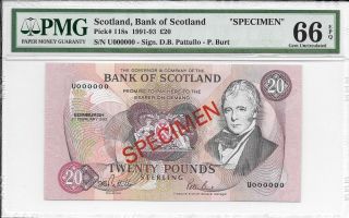 Scotland,  Bank Of Scotland - 20 Pounds,  1992.  Specimen.  Pmg 66epq. photo