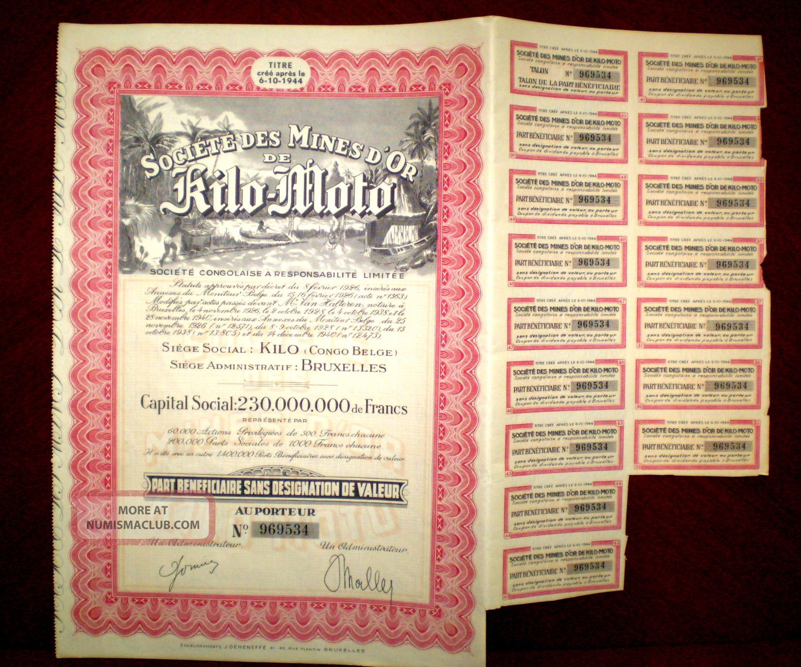 Mines D´or Kilo - Moto,  Gold Mining Congo Stock Certificate 1940 Vg/f World photo