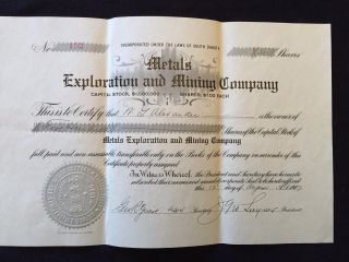 Metals Exploration And Mining Company Stock Certificate Circa 1907 photo