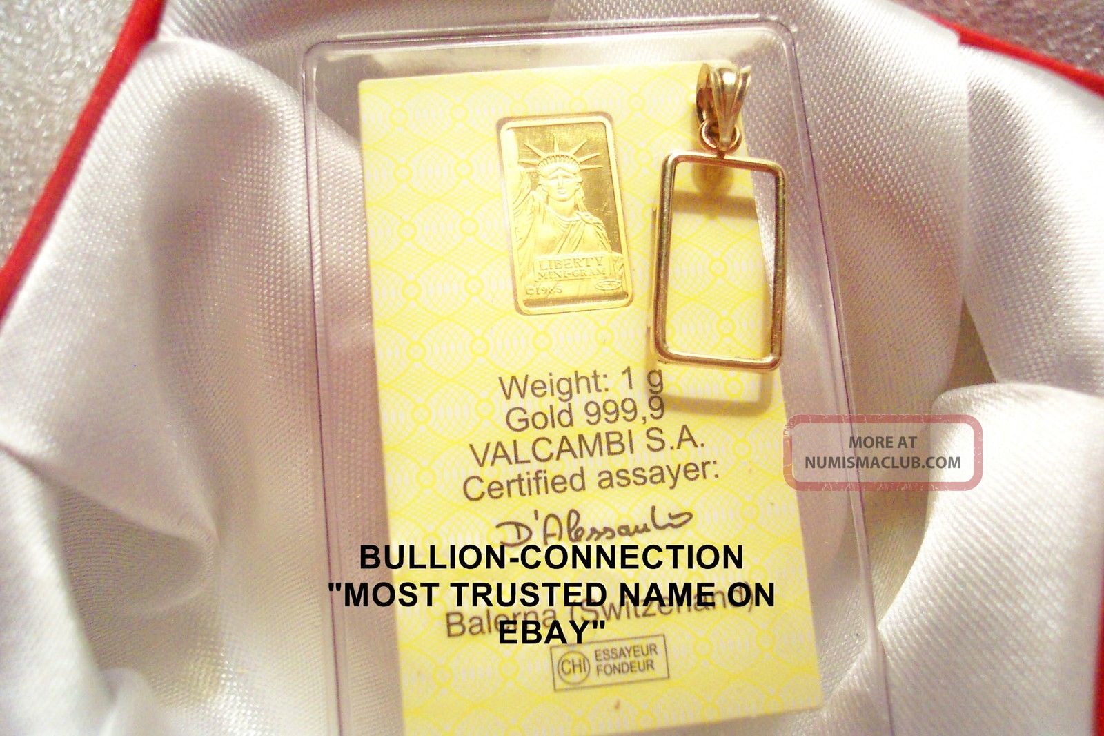 thumbnail image 2 of 14k Yellow Gold Frame Pendant – 2 Gram Credit Suisse Statue Of Liberty Bar – 11.50 X 19.00 Mm 2 of 6