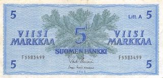 Finland 5 Markkaa 1963 P 99a Litt.  A Series F Circulated Banknote photo
