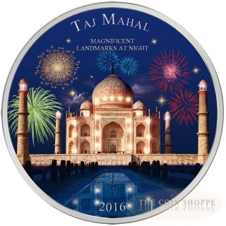 Taj Mahal - Landmarks At Night - 2016 2 Oz Pure Silver Coin - Ultra Violet Color photo
