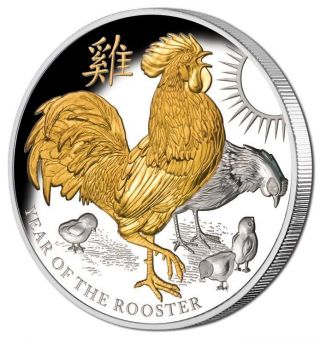 Year Of The Rooster - Gold Plated - 2017 $8 5 Oz Pure Silver Coin Gilded Niue photo