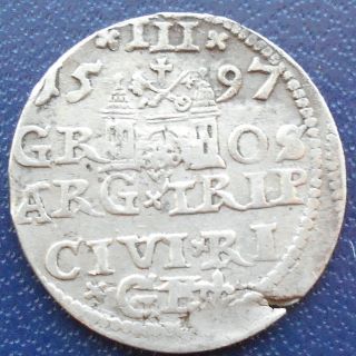 Rare Silver 1597 Poland Sigmund Iii 3 Groschen Grossus Trojak Grade Msb143 photo