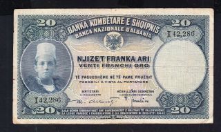 1926 Albania Paper Money,  20fr.  Ar.  Sign Alberti R2. photo