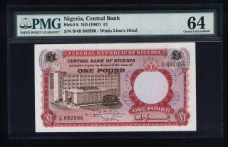 1967 Nigeria Central Bank 1 Pound P 8 Pmg 64 Choice Unc Sn B/48 882996 photo