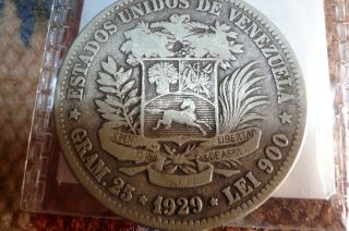 1929 Venezuela 5 Bolivares Silver Coin photo
