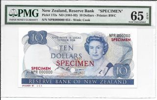 Zealand,  Reserve Bank - $10,  Nd (1981 - 92).  Specimen (tdlr).  Pmg 66epq.  Rare. photo
